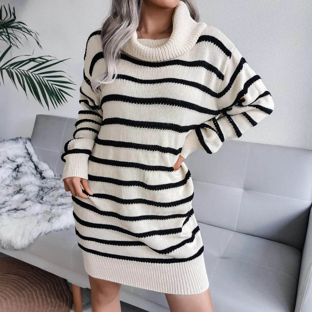 2023 New Autumn and Winter Women's Fashion High Neck Black and White Striped Sweater Casual Pullover Long Sleeve Knitted Dress
2023 New Autumn and Winter Women's Fashion High Neck Black and White Striped Sweater Casual Pullover Long Sleeve Knitted Dress