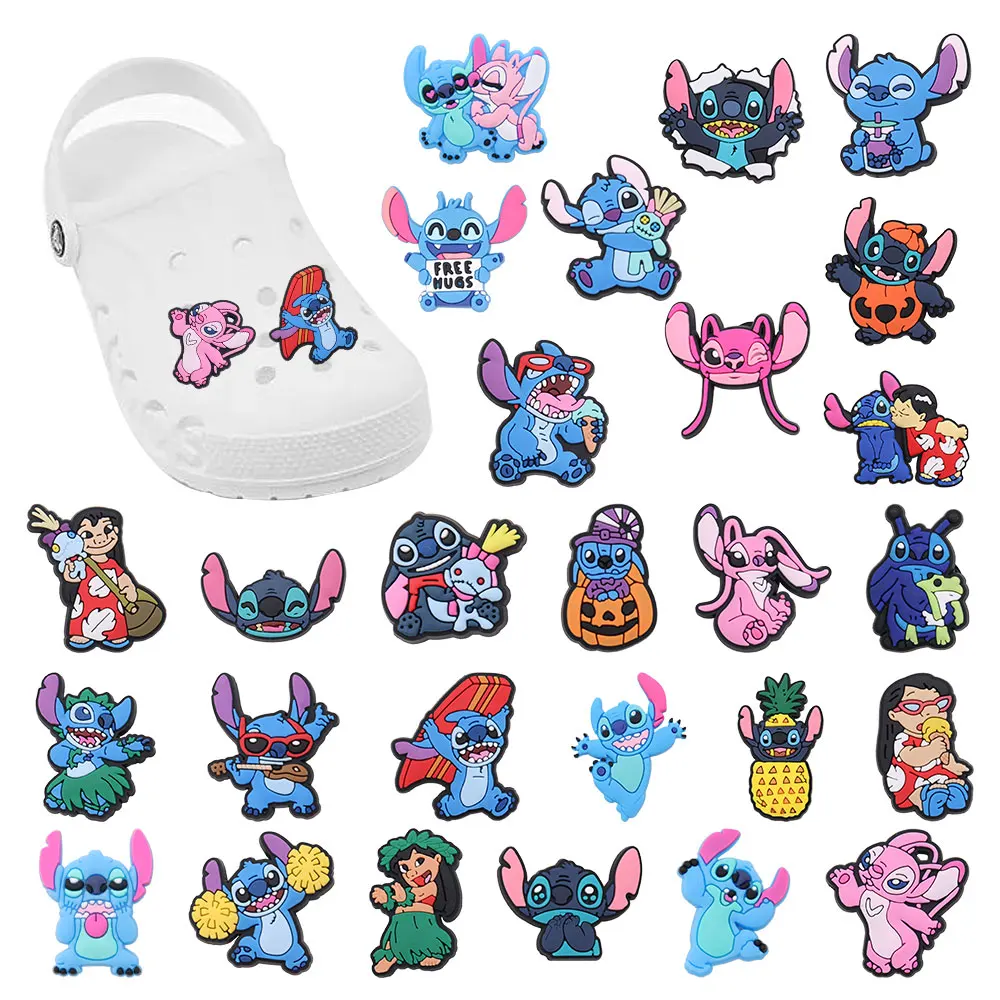 

Sell Retail 1pcs PVC Shoe Charms Disney Cartoon Blue Stitch Lilo PVC Accessories Shoes Buckles Fit Wristbands Kids Party Gift