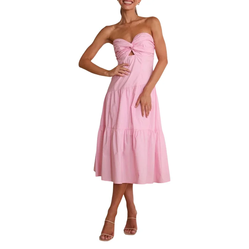 

Summer Open Back Women's Casual Party Midi Dress Solid Knotted Strapless Off Soulder Backless High Waist Dresses Beach Clubwear