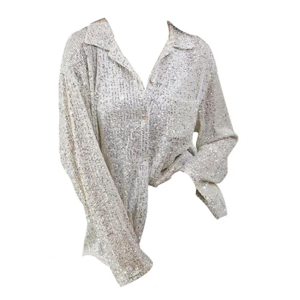 

Sequin Anniversary Top Sequin Lapel Cardigan for Women Shiny Performance Club Party Top Soft Loose Solid Color Shirt