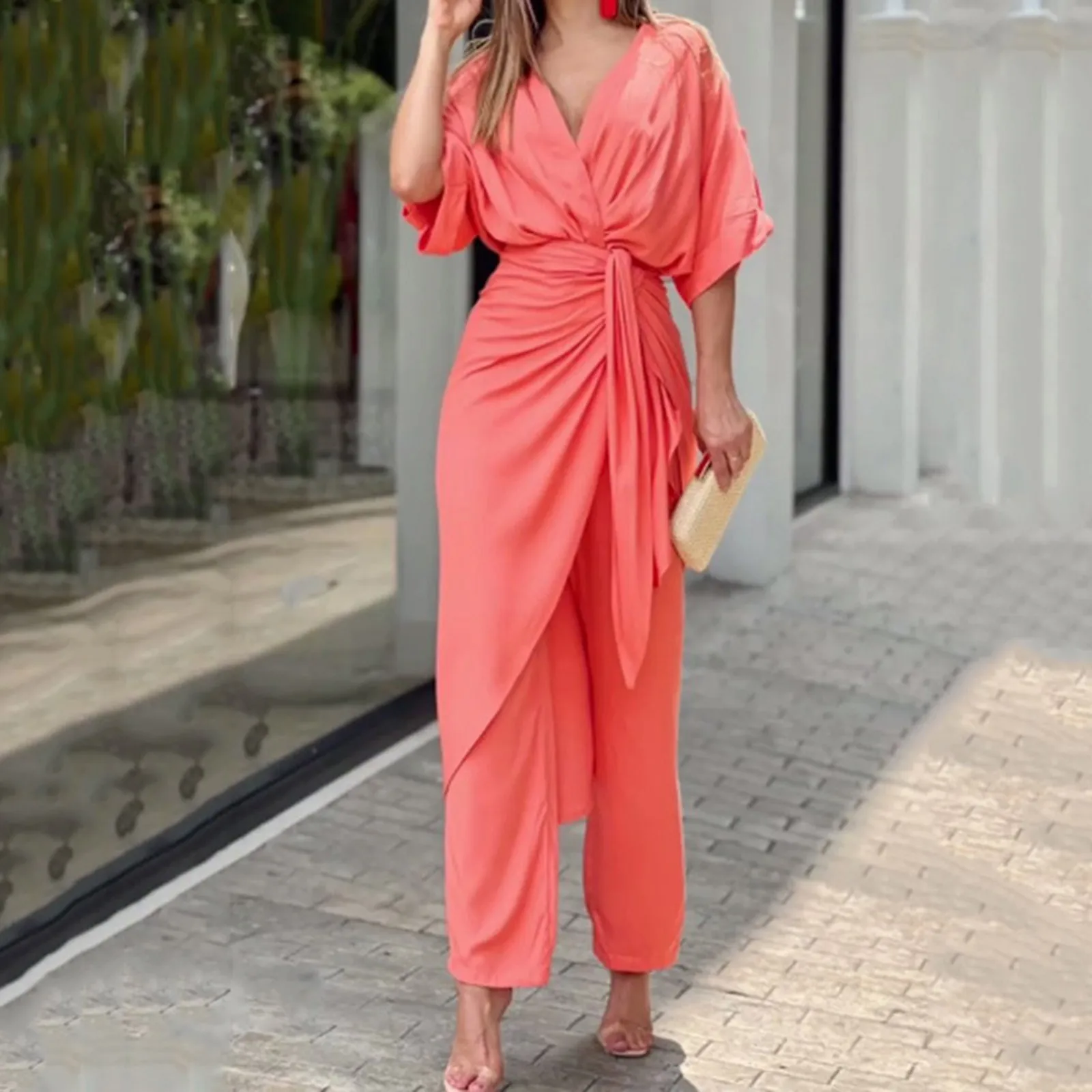 Women Casual Solid Color Suit Fashion OL Style V neck Pleated Knot Irregular Hem Top Loose Straight Leg Pants Two Piece Suit
Women Casual Solid Color Suit Fashion OL Style V neck Pleated Knot Irregular Hem Top Loose Straight Leg Pants Two Piece Suit