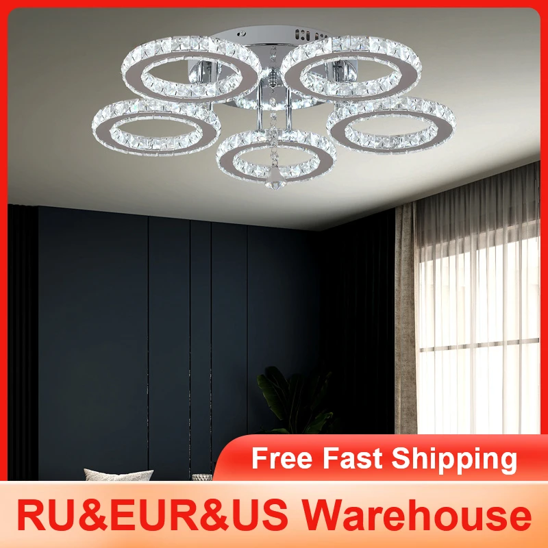 

5 Rings Crystal Led Chandeliers Ceiling Mirror Stainless Steel Lustre Cristal For Kitchen Luminarias Parateto Fixtures Plafonier