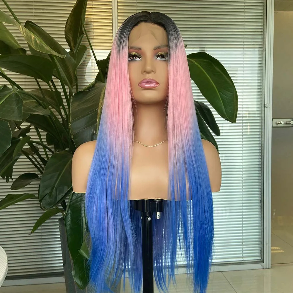 

FANXITION Ombre Color Black to Pink to Blue Synthetic Lace Front Wigs with Middle Part Long Silky Straight Wigs Natural Hairline