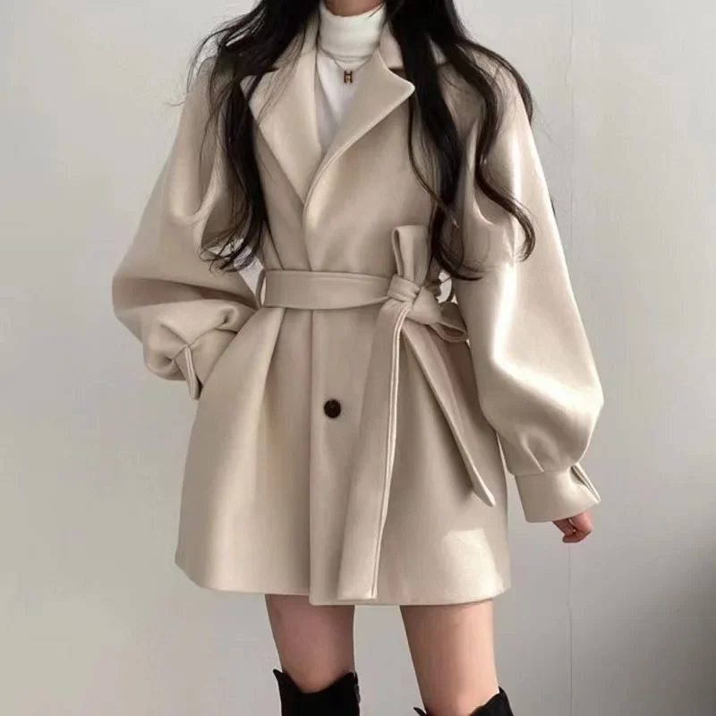 

Корейский плотный Женский Тренч теплые куртки с отложным воротником одежда с длинным пышным рукавом осеннее элегантное пальто с поясом женский шикарный миди-топ
