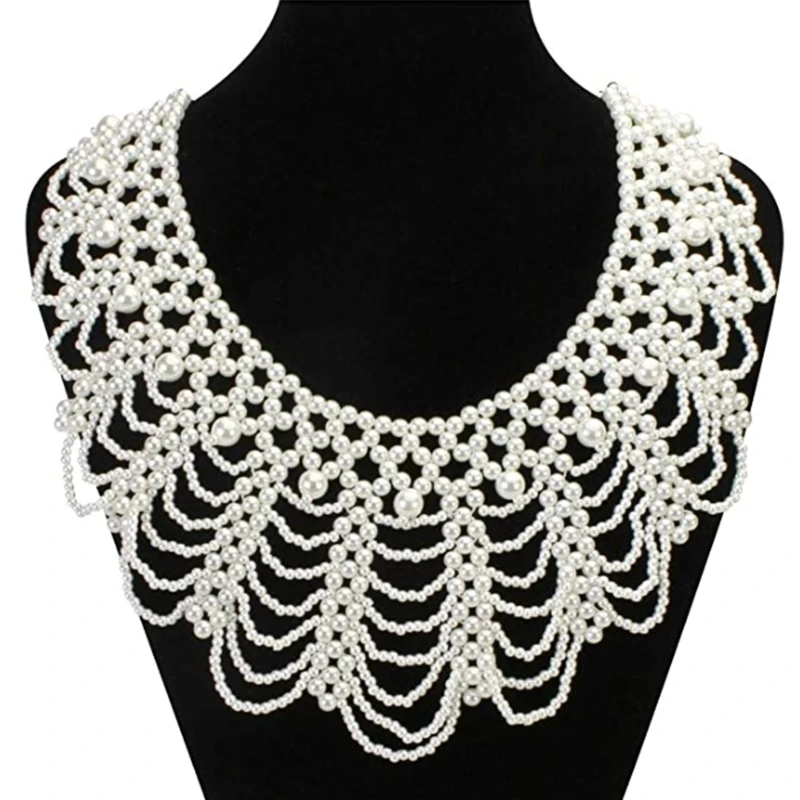 

Women Luxury Imitation Pearl Beaded Bib Choker Necklace Flower Jewelry Decorative Gown Dress Detachable False Fake Collar