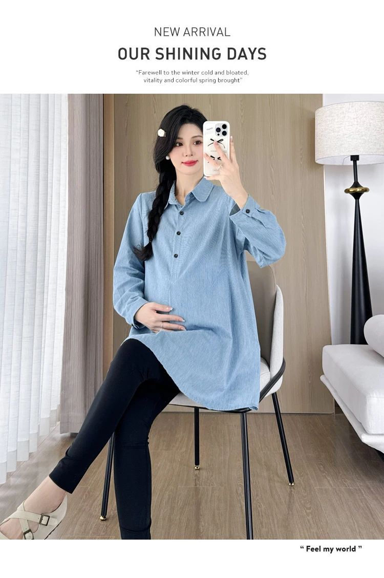 Good Quality Maternity Cotton Shirts Long Sleeve Turn-down Collar Plus Size Pregnant Woman A-line Shirt Fashion Blouses Blue 4 S6b401e75402c42bca277901ce94d5fc19