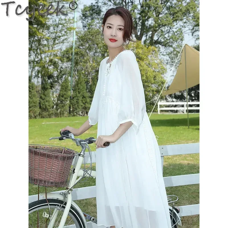 Tcyeek 100% Real Mulberry Silk Dresses 23 Summer New French Dress Women's Clothing White Midi Dresses Lady Elegant Vestido Mujer
Tcyeek 100% Real Mulberry Silk Dresses 23 Summer New French Dress Women's Clothing White Midi Dresses Lady Elegant Vestido Mujer