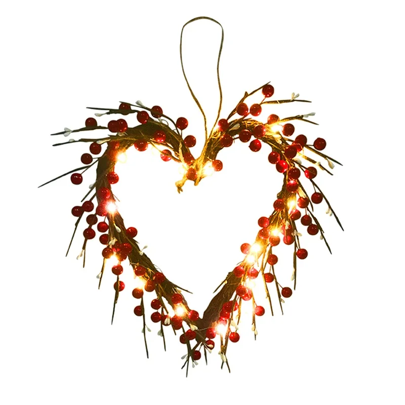 

SXYPAYXS-Valentine s Day Wreath Woven Heart Berry Vine Wreath with Lights Holiday Home Decor Valentines Day Decoration