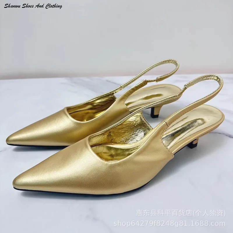 

Elegant Low Heeled Sandals Women Kitten High Heels Spring Summer Gold Pumps Pointed Toe Wedding Office Ladies Shoes Slingback