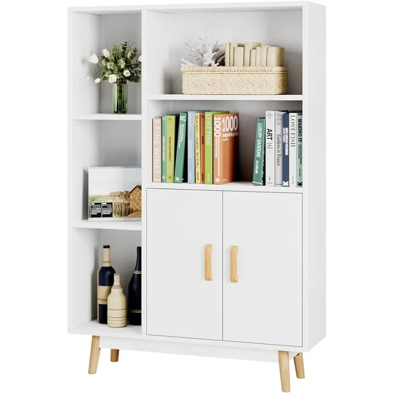 

Floor Storage Cabinet with 2 Shelves and 3 Cubes, Bookcase with Doors, Bookshelf Cabinet with Legs for Kitchen, Living Room