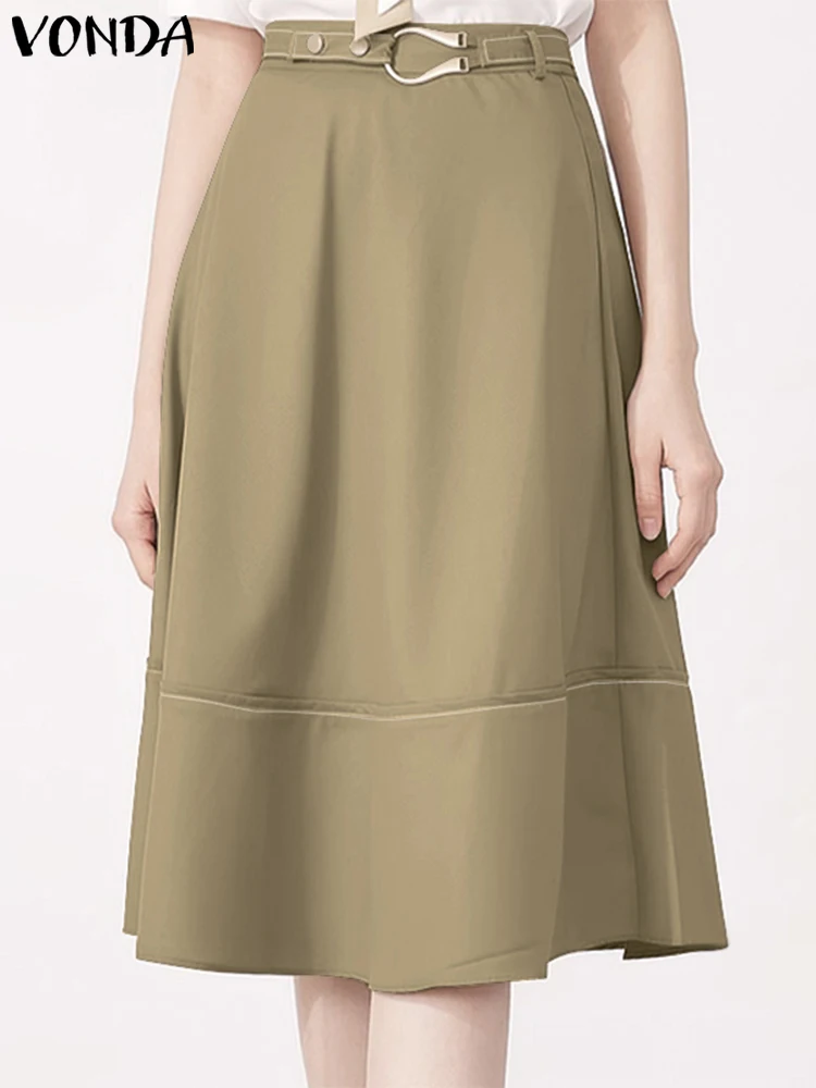 

VONDA 2024 Fashion Midi Skirts Women Elegant High Waist OL Skirts With Belt Autumn Solid Party A-Line Bottoms Vintage Skirts