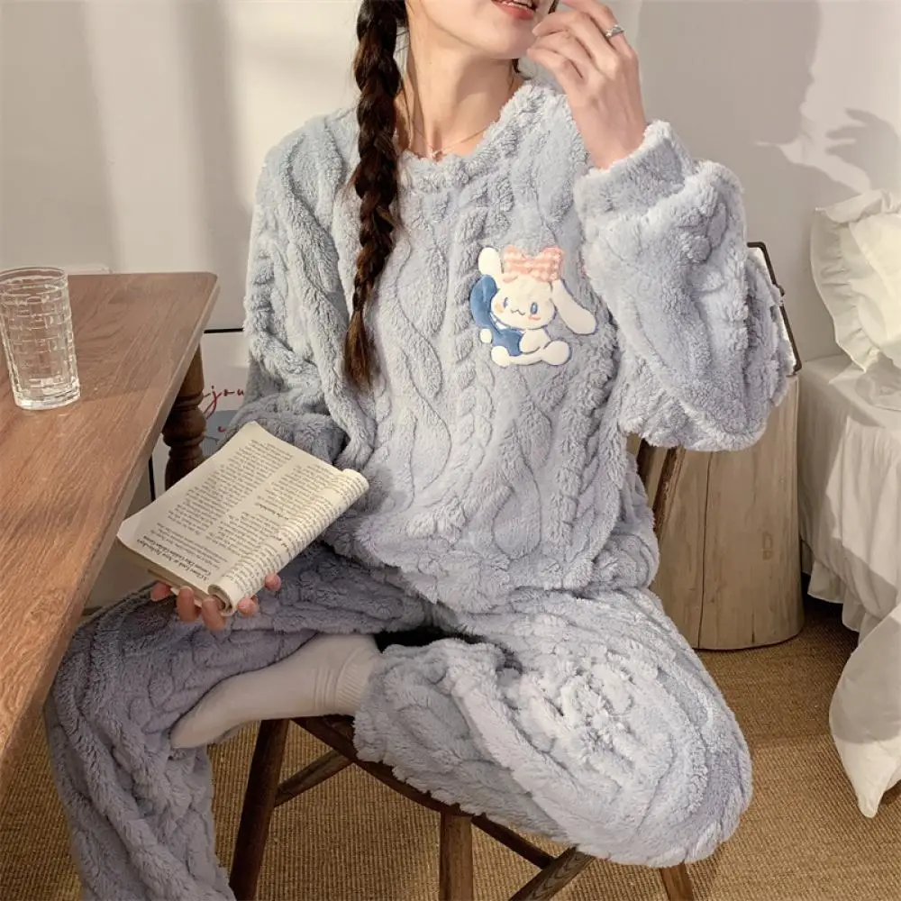 

Sanrio Anime Cinnamoroll Plush Pajama Cartoon Autumn Winter Coral Fleece Soft Thicken Long Sleeve Pant Nighty Kawaii Girl Gift