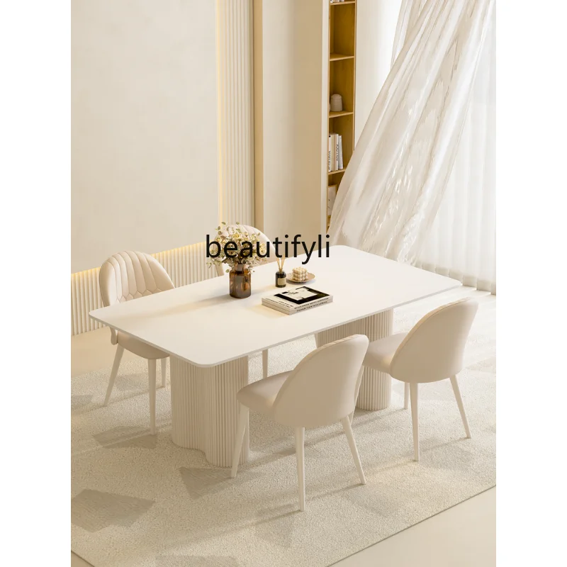 

Кремовый стиль, тарелка из чистого белого камня, обеденный стол, современная и простая Роскошная прямоугольная мебель для дома в маленькой квартире