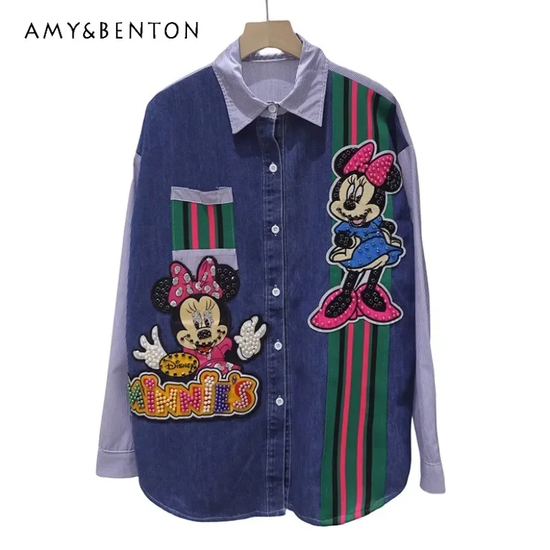 

Potdemiel Cartoon Diamond Embroidery 2023 Autumn Loose Mid-Length Striped Stitching Single-breasted Denim Shirt Women Top Blouse