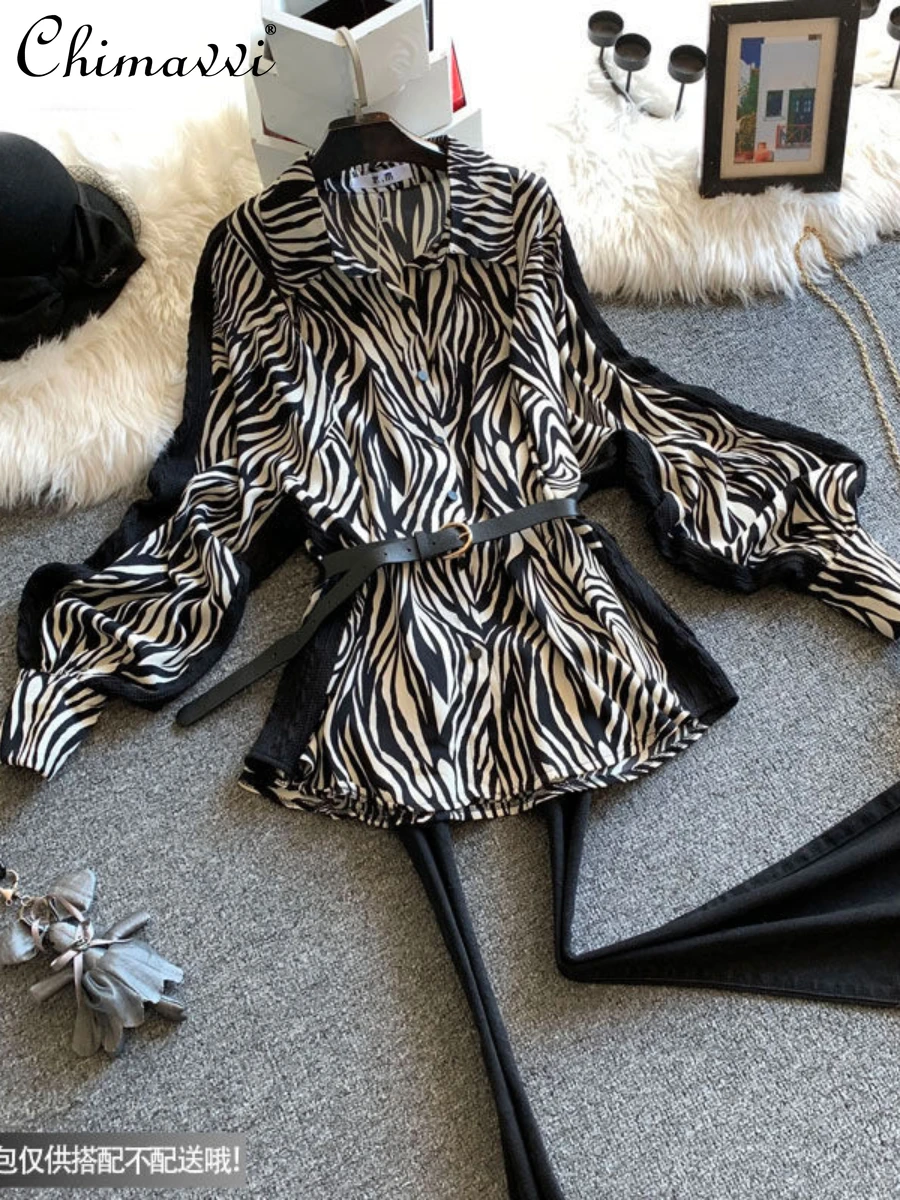 

New Fashion Loose Top Stitching Knitted Design Elegant Zebra Print Chiffon Shirt 2024 Spring Loose Long Sleeve Elegant Blouse