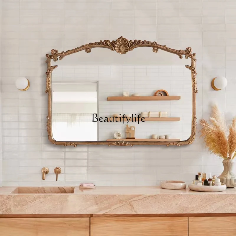 

American Classical Carved Dressing Mirror European Style Villa Hallway Living Room Wall Hanging Decorative Mirror