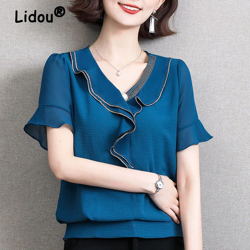 

Women Ruffle Rhinestone Elegant Chiffon Blouse Summer Trendy V Neck Short Sleeve Solid Slim Casual Shirt Beaded Chic Ladies Tops