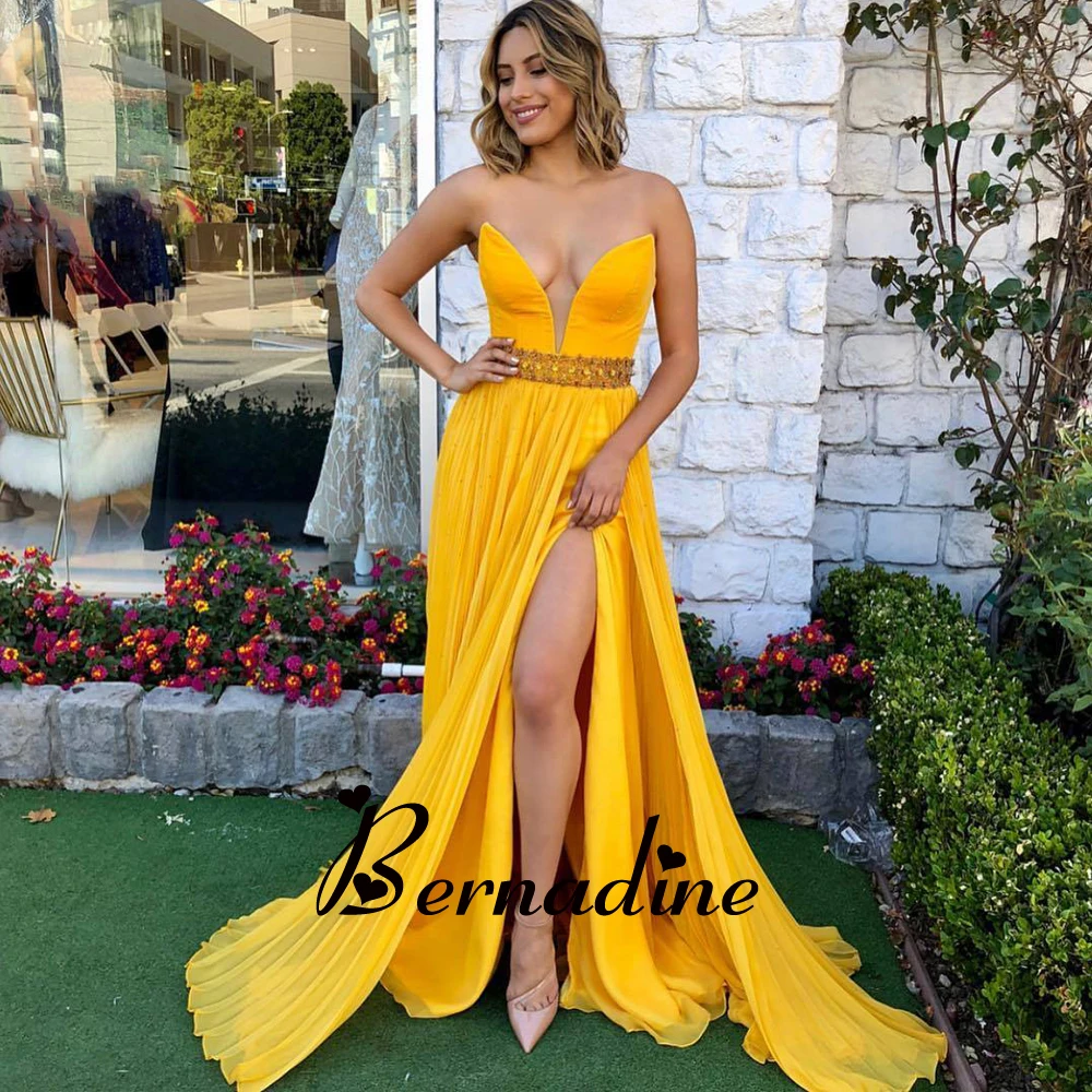 

Bernadine Attractive A-Line Evening Dresses for Women Strapless Sleeveless Backless Slit Rhinestones Belt Pleated De Fiesta