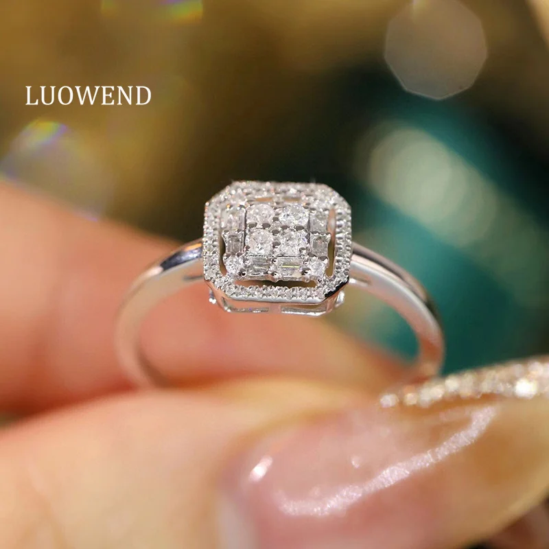 

LUOWEND 18K White Gold Rings Elegant Square Design 0.24carat Real Natural Diamond Engagement Ring for Women High Party Jewelry