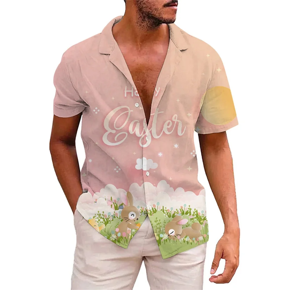 

Mens Cartoon Rabbit Hawaiian Shirts Happy Easter Day 3D Printed Beach Shirt Women Clothes Kids Colored Egg Shirts Button Tops