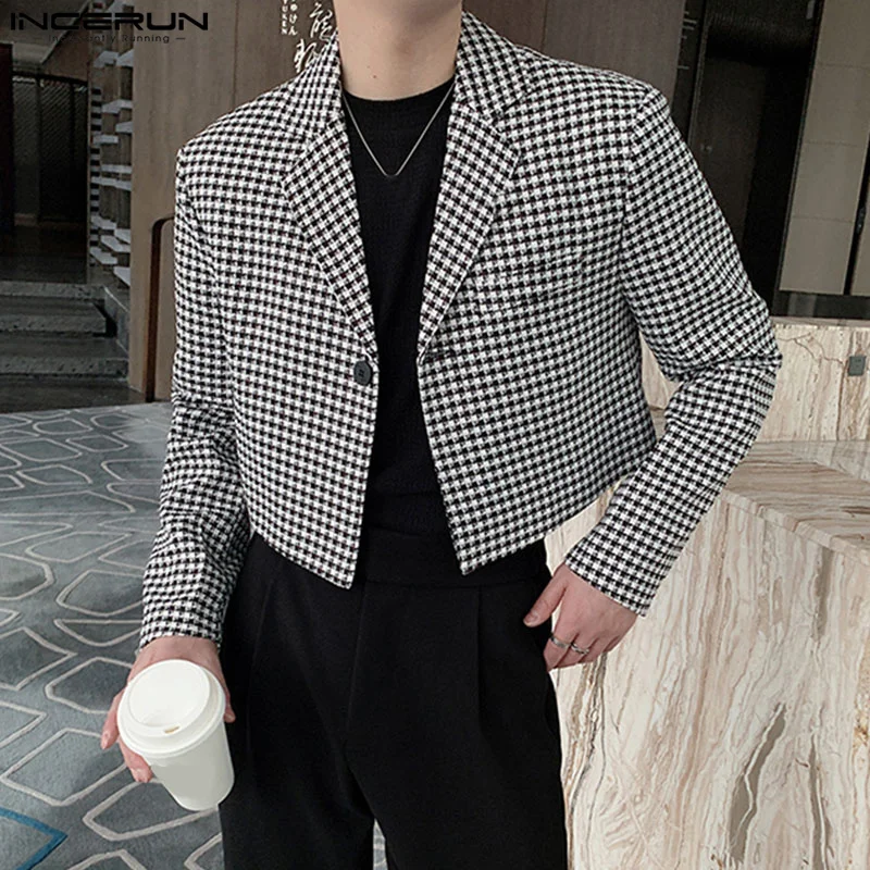 

INCERUN Tops 2023 Korean Style Handsome New Men Plaid Design Suit Leisure Party Shows Male Well Fitting Short-style Blazer S-5XL