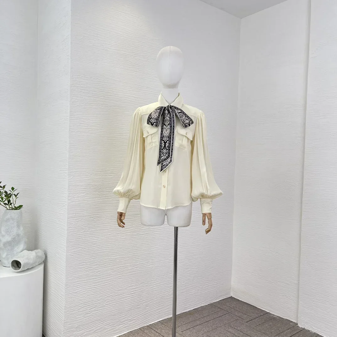 

New Collection Beige Long Lantern Sleeve Casual Blouse with Retro Scarf Tie Wide Legs Black Belted Pants Women Set