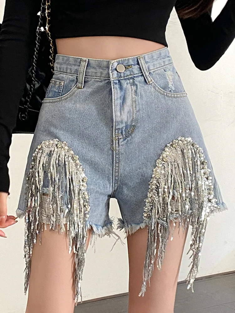 FTLZZ Summer Women Casual Empire Slim A-line Denim Shorts Lady High Street Tassel Sequined Denim Shorts
FTLZZ Summer Women Casual Empire Slim A-line Denim Shorts Lady High Street Tassel Sequined Denim Shorts