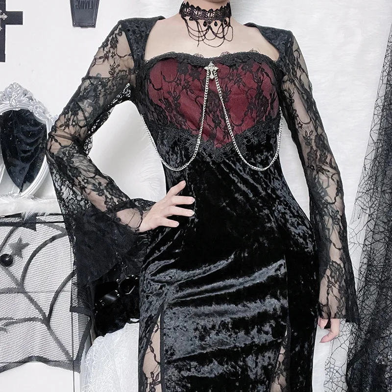 Gothic DressSplicing Dark Gothic Style Dress New Sexy Slim Package Hip Open Lace Sleeves Featured Long DressesGoth dress
Gothic DressSplicing Dark Gothic Style Dress New Sexy Slim Package Hip Open Lace Sleeves Featured Long DressesGoth dress