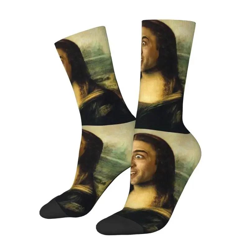 

Fun Mens Nicolas Cage Mona Lisa Funny Dress Socks Unisex Breathbale Warm 3D Printed Crew Socks
