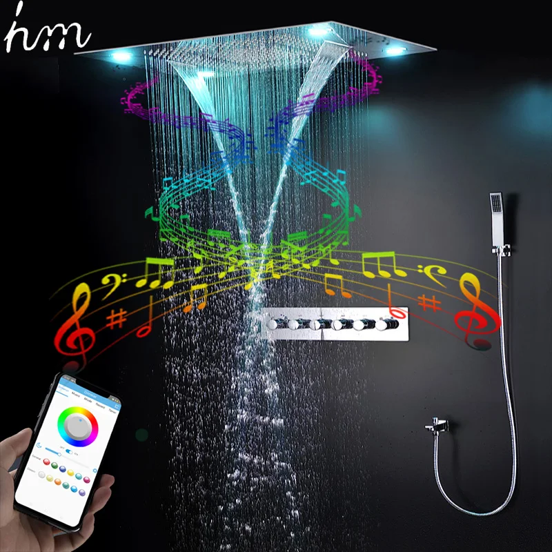 

hm High Quality Music LED Shower System Set 600x800mm Ceiling Mist Waterfall Rainfall Shower Head Faucet Thermostatic Mixer Kit