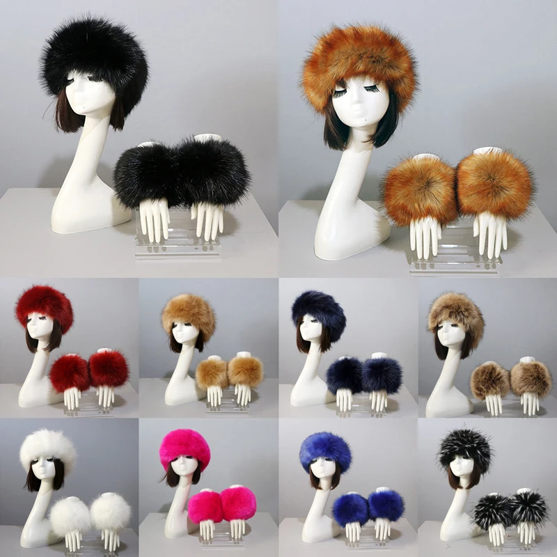 

1PC Autumn Winter Caps Female Hats Cuffs Set Fashion Warmth Imitation Faux Fur Hat Fox Fur Sleeves Gloves Hat Suit Accessary