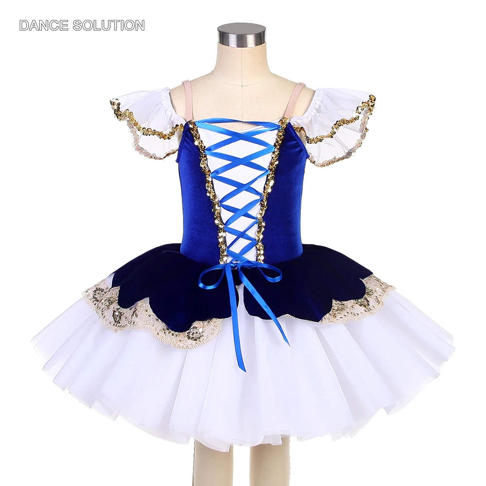 

Child & Adult Off-shoulder Ballet Tutu Dress Royal Blue Velvet Bodice Professional Competition Costume for Girls Dancewear 22058