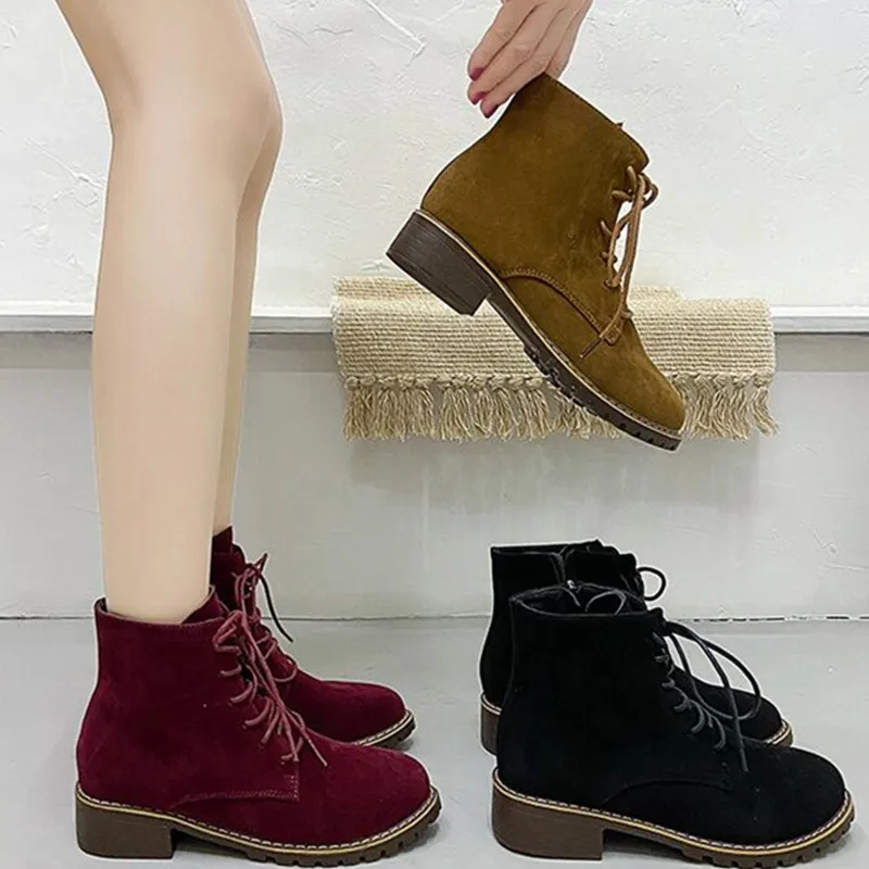 

Shoes for Women 2023 Hot Sale Winter Women's Boots Solid Color Round Toe Flock Lace Up Zipper Chunky Heel Zapatillas De Mujer