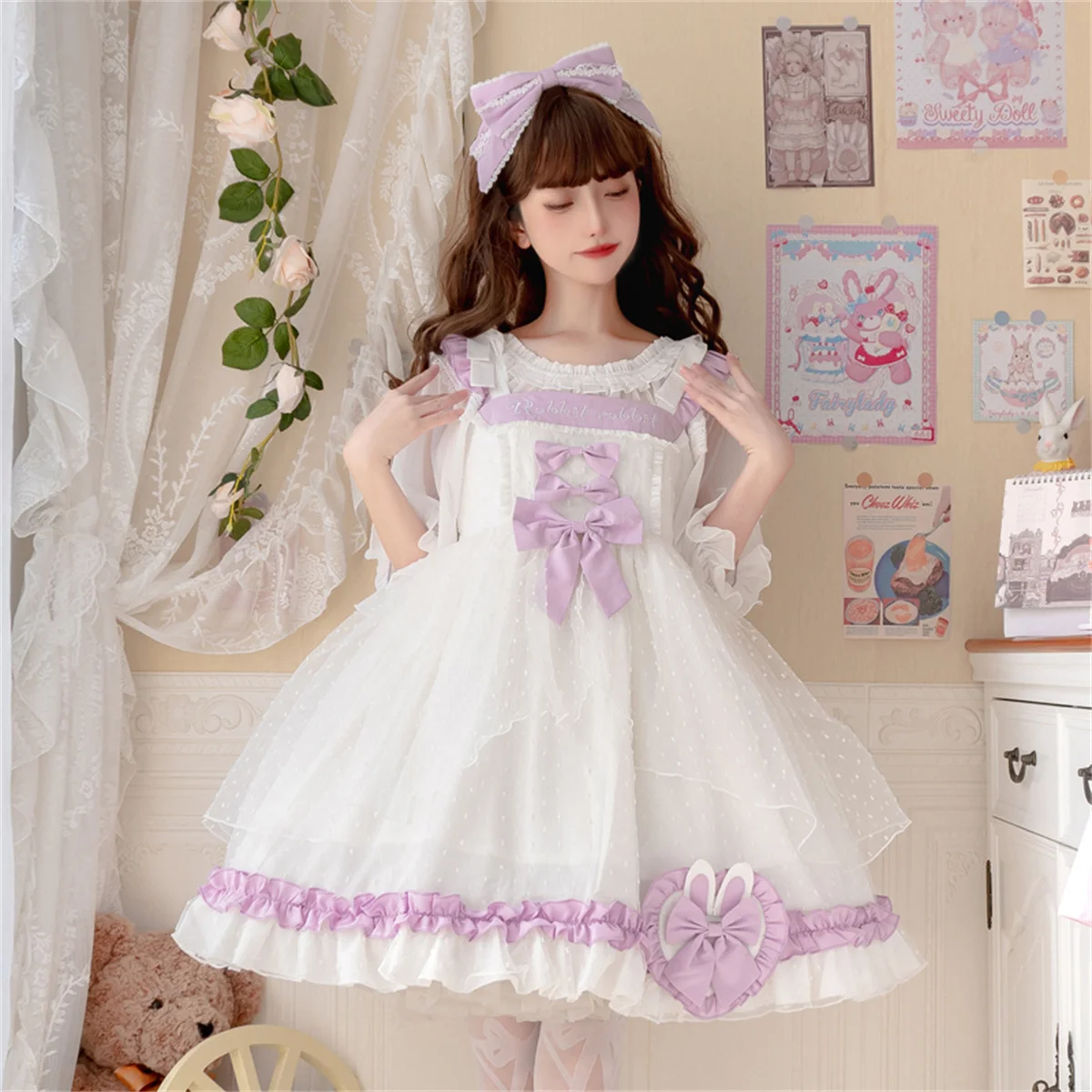 

Japanese Fantastic Fairy Tale Style Girls Cosplay Lolita Jsk Sweet Princess Mesh Lace Ruffle Bowknot Embroidery Letters Dress