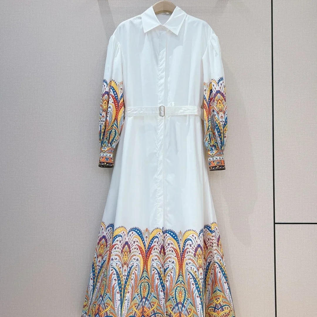 

White Rainbow Paisley Pattern Print Long Sleeve Midi Dress Self Tie Belt At Waist 2024 New Spring Summer Women Clothes