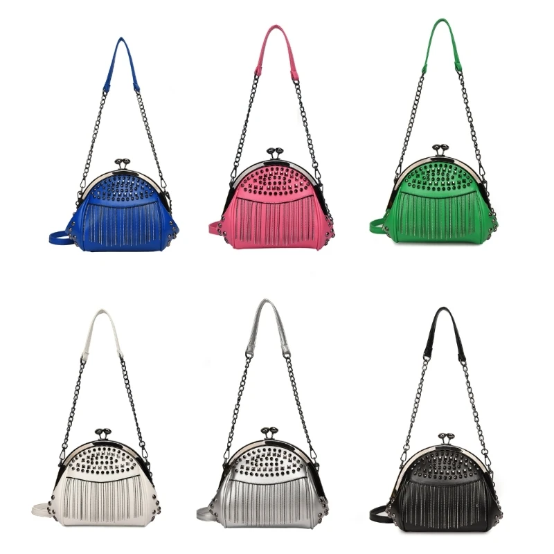 

Women Tassels Rivets Handbag PU Leather Bag Korean Shoulder Crossbody Bag Female Simple Seashells Bag