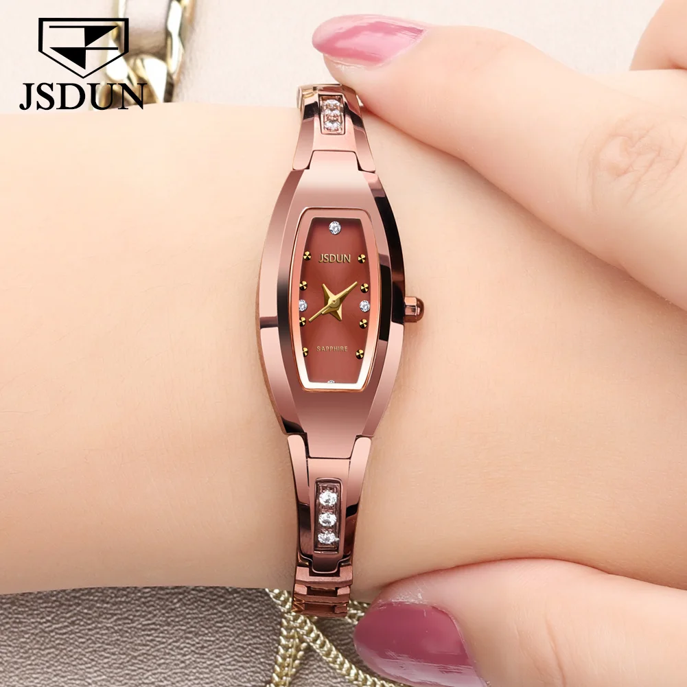 JSDUN-Bracelet de montre en acier au tungstène pour femme, bracelets à quartz, diamant original, montres pour femme, marque de luxe, mode, envoi 1