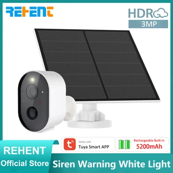 REHENT 태양광 배터리 작동 무선 와이파이 오디오 비디오, 야외 보안 CCTV, 백색광 사이렌 카메라, 2304*1290, 3MP, H.265, 5W
