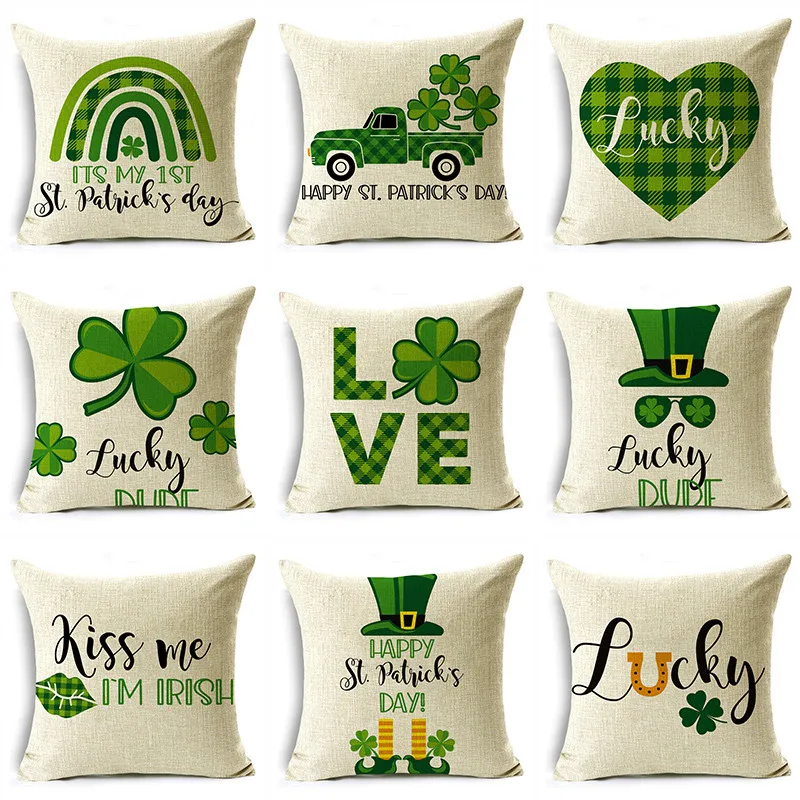 

OMIO Simple Style Green Hat Festival Pillowcase Four-Leaf Clover Letters Pattern Home Decor Sofa Cushion Cover 40/45/50cm