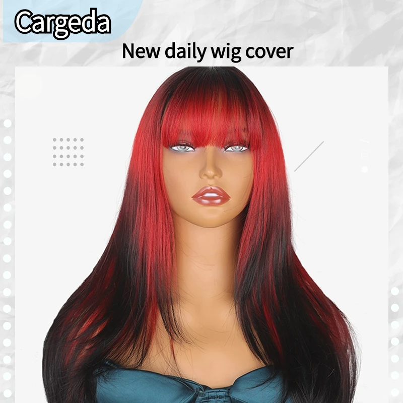 

Cos daily Wig Straight Hair Women's Bangs Black Gradient Red Long Hair Natural Layered Slightly Curly Chemical Fiber Headgear