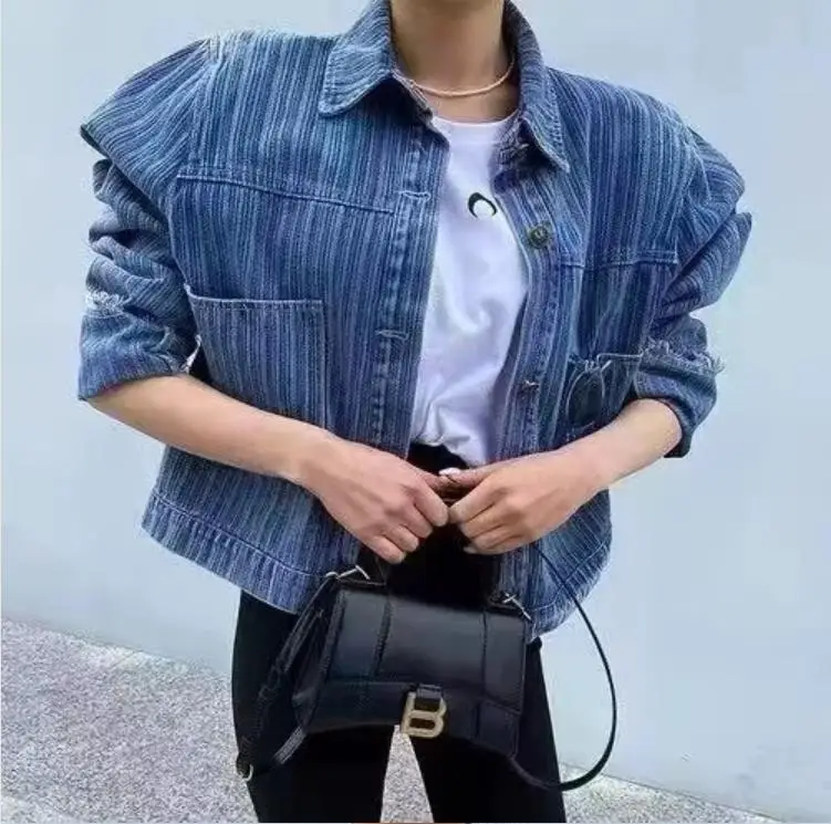 

SuperAen 2024 Spring Korean Retro Lapel Neck Loose High Waist Cuff Bubble Sleeves Vertical Stripe Denim Coat