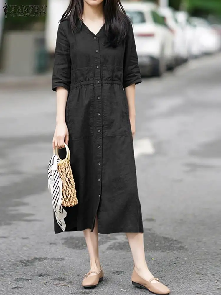 Women V Neck Half Sleeve Solid Sundress Dress ZANZEA Vintage Buttons Down Robes Femme Casual Elastic Waist Loose Midi Vestido
Women V Neck Half Sleeve Solid Sundress Dress ZANZEA Vintage Buttons Down Robes Femme Casual Elastic Waist Loose Midi Vestido