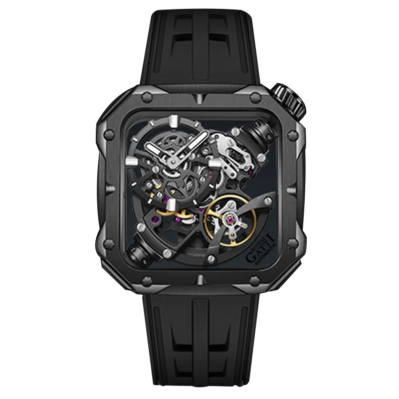 

BONEST GATTI Men Automatic Watch 42mm Luxury Square Fashion Mechanical Wristwatch Waterproof Sapphire Luminous Skeleton Dial