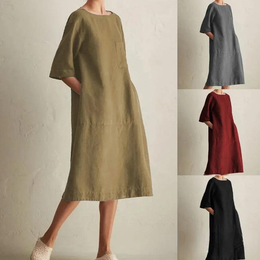 Spring Summer New Cotton Linen Casual Dresses Solid Color Round Neck Midi Sleeve Pockets Dress Retro European Dress for Women
Spring Summer New Cotton Linen Casual Dresses Solid Color Round Neck Midi Sleeve Pockets Dress Retro European Dress for Women