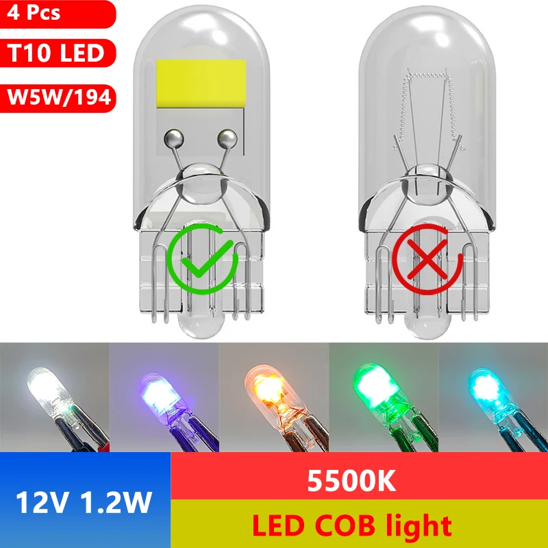 

Car T10 LED Cob Glass Bulb 5500K Super Bright Auto Clearance License plate Light Vehicle DRL Braking Lamp W5W/168/194 Style DC12