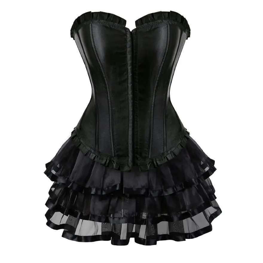 

Gothic Vintage Brocade Lace Up Overbust Corset Top Burlesque Bustier Lingerie Mini Tutu Skirt Victorian Sexy Women Corset Dress