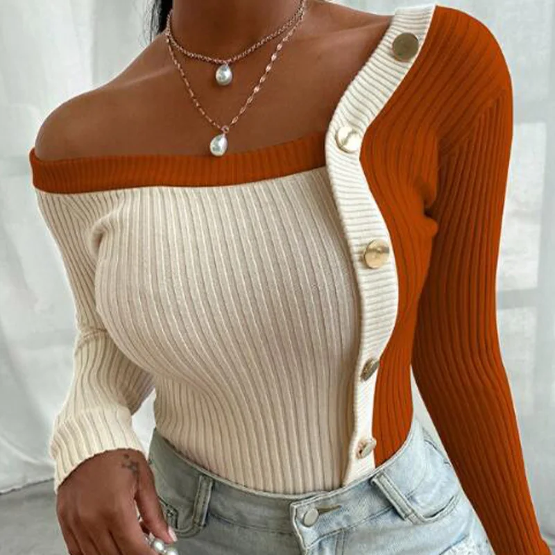 Sexy Patchwork Knitted Women's Sweaters Slim Skew-collar Button Long Sleeve Female Sweater 2022 Autumn Thin Fashion Lady Blouse
Sexy Patchwork Knitted Women's Sweaters Slim Skew-collar Button Long Sleeve Female Sweater 2022 Autumn Thin Fashion Lady Blouse