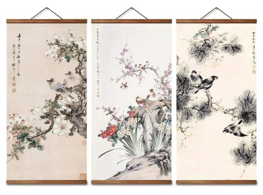

MT0996 Chinese Style flower bird landscape Canvas Decorative Wall Art Posters Solid Wood Scroll Paintings
