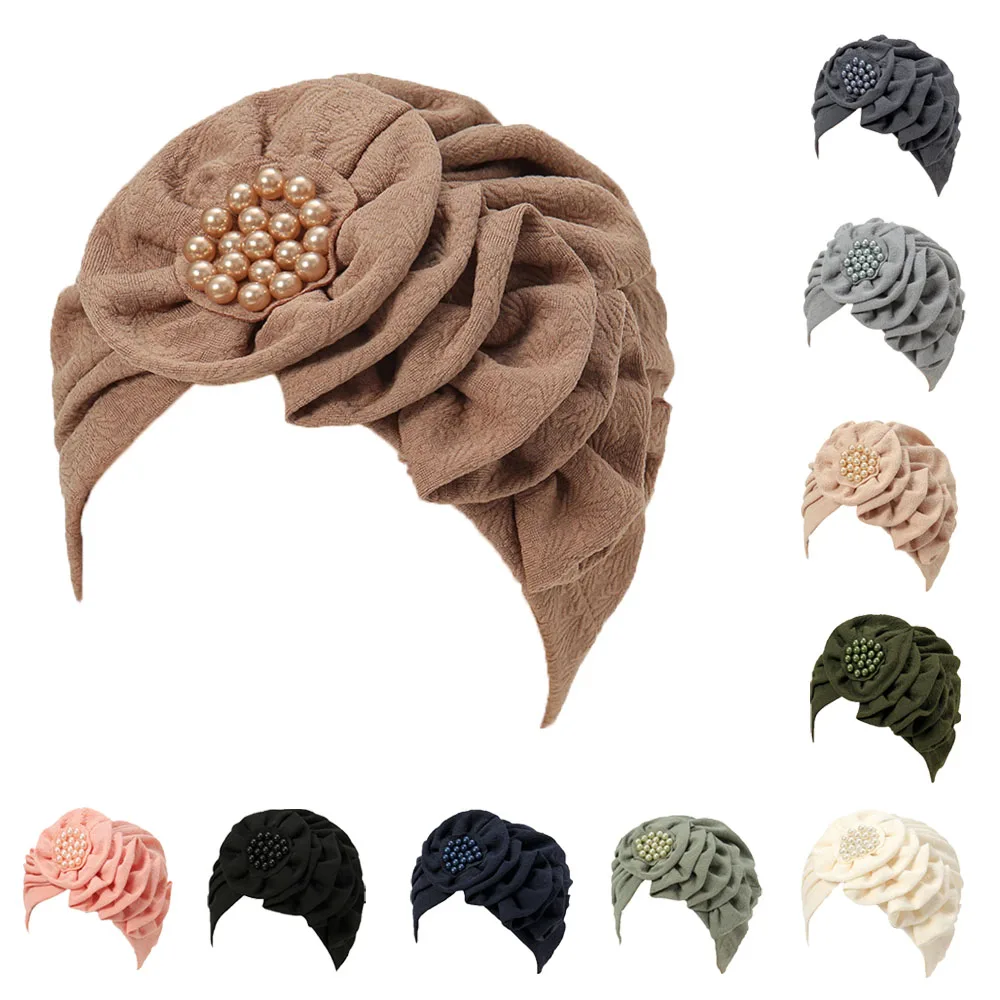 

Flower Women Indian Muslim Chemo Hair Loss Cap Hijab Pearl Beads Turban Headwear Wrap Scarf Arab Islamic Bonnet Cover Cancer Hat