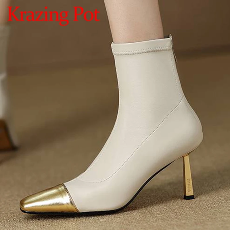 Krazing Pot Cow Split Leather Square Toe Thin High Heels Modern Boots Splicing Stovepipe Deign Fashion Cozy Zipper Ankle Boots
Krazing Pot Cow Split Leather Square Toe Thin High Heels Modern Boots Splicing Stovepipe Deign Fashion Cozy Zipper Ankle Boots